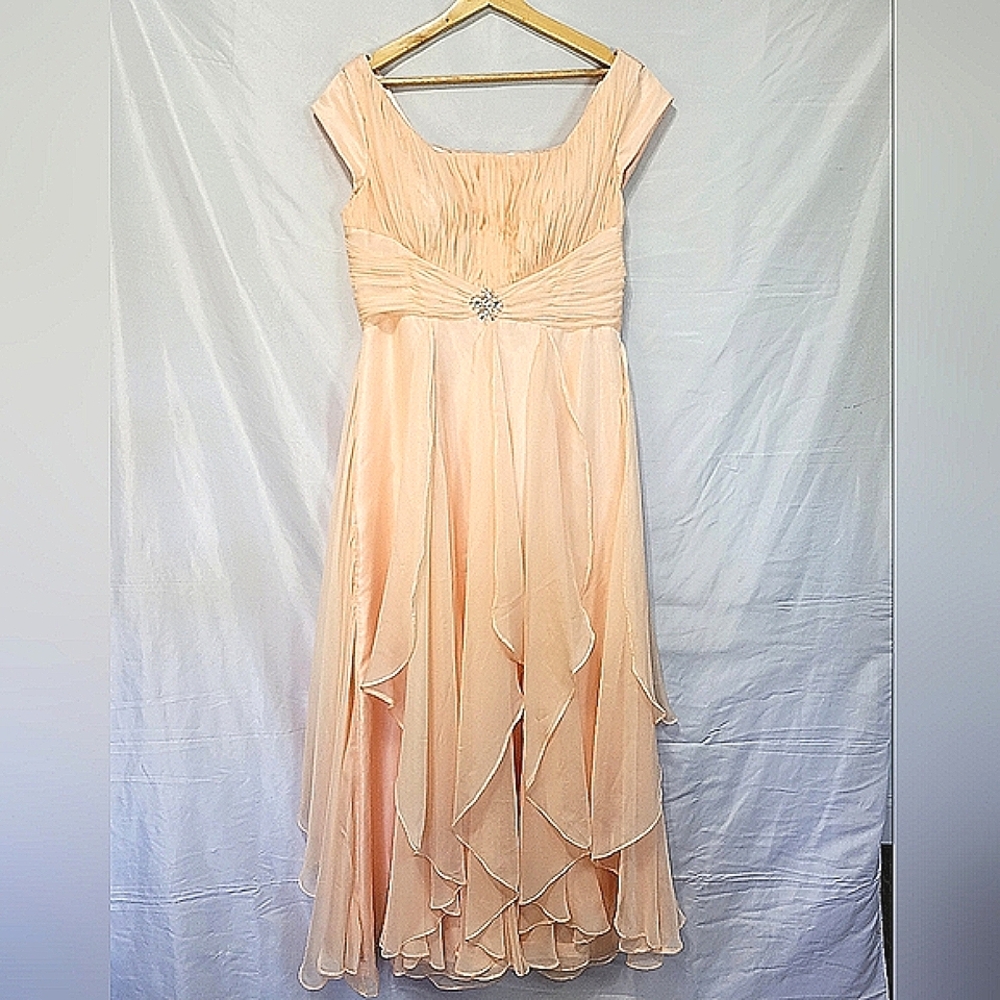IZILADY chiffon Peach Pink, Bridesmaid, Milkmaid, Ruffle, Fairycore Maxi Dress